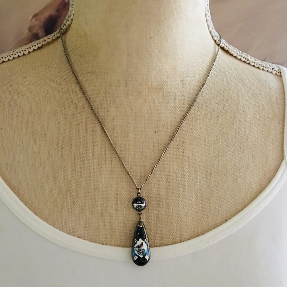 Vintage repurpose silver framed porcelain pendant on chain